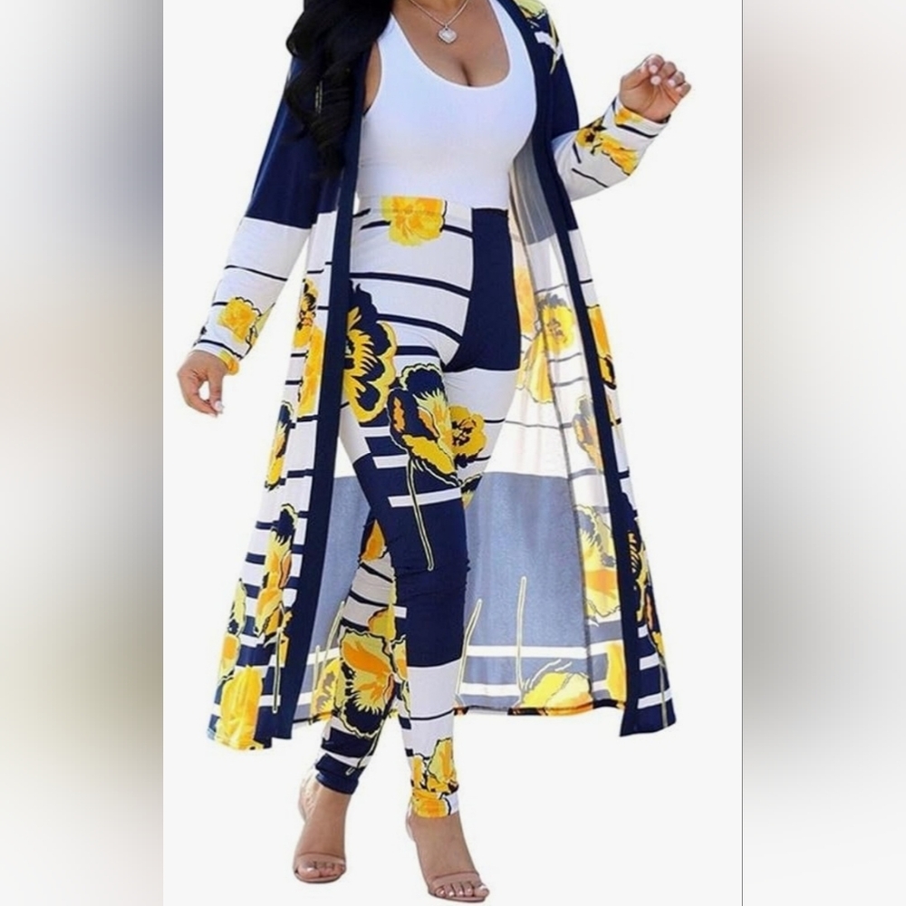 Striped Floral Two-Piece Set. Womens duster & Skinny Long Pants.